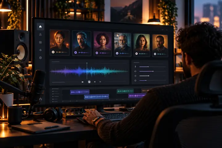 Dunkles KI-Sprachstudio-Dashboard mit einer linken Navigationsleiste, Sprachkarten, Wellenform-Steuerelementen und einem eleganten Arbeitsbereich für Creator
